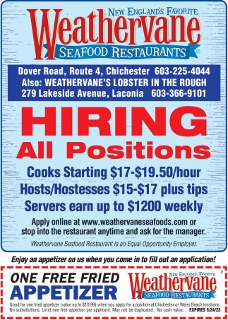 Hiring All Positions, Weathervane Seafood Restaurant, Chichester, NH