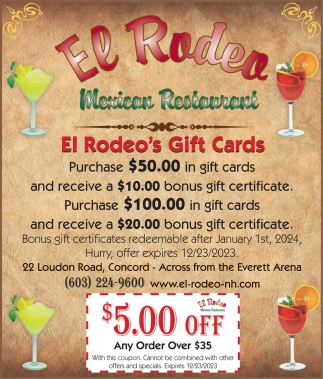 El Rodeo's Gift Cards, El Rodeo Mexican Restaurant, Concord, NH