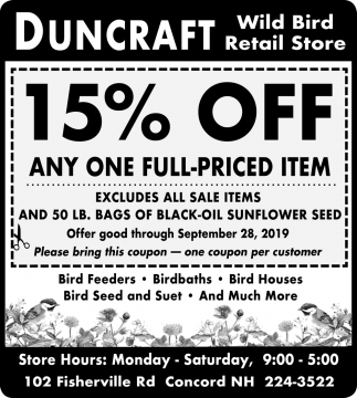 15% off any one full-priced item , duncraft wild bird retail